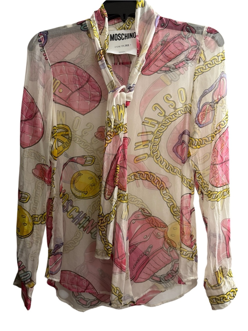 Moschino Couture Silk Tie Neck Novelty Print Blouse Size 4 Made in Italy